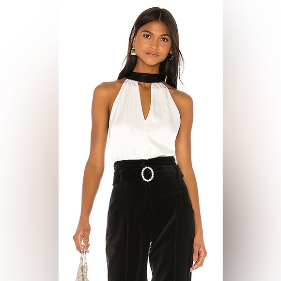 Alice + Olivia Maris Keyhole Halter Top Size Large Ivory Black Tie Neck Satin - Picture 1 of 9